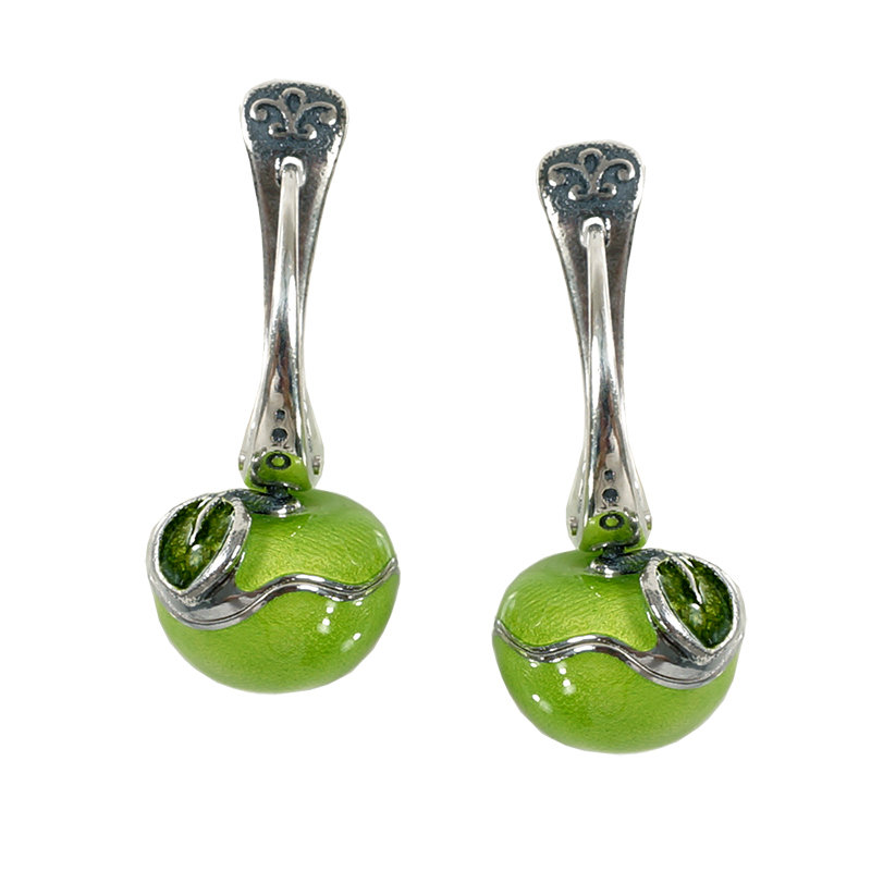 Зеленое яблоко:Серьги серебряные с эмалью(Украшения из серебра и бронзы)