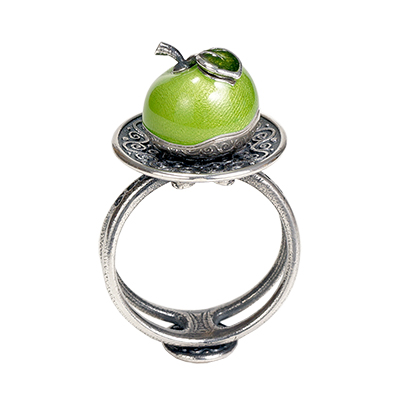 Зеленое яблоко:Кольцо Яблочко на тарелочке(Украшения из серебра и бронзы)